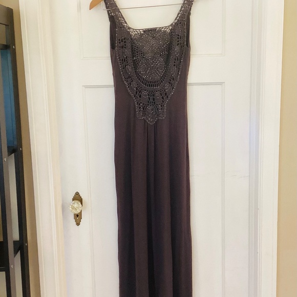 Gonca Style Dress Crochet Back Beaded Knit Jersey Gray One Size Empire Waist - Picture 2 of 10